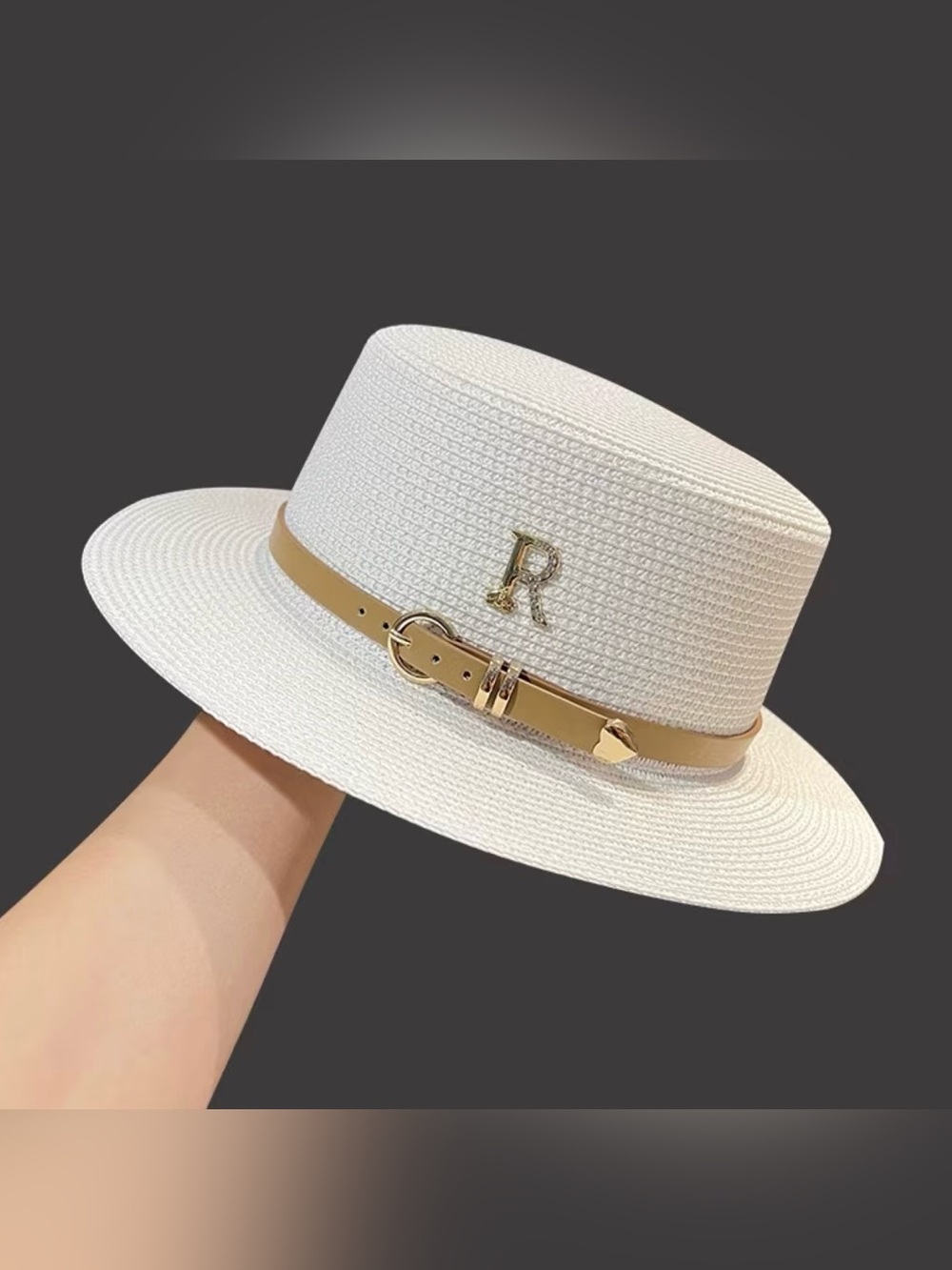 White Straw Boater Hat with Tan Belt and Gold 'R' Accent